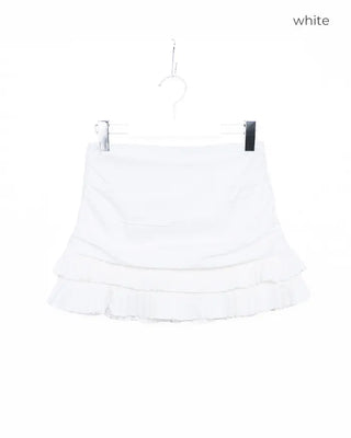 Shirred tiered pleated mini skirt