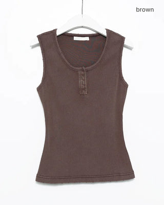 Distressed Snap Henley Neck Ribbed Tank Top