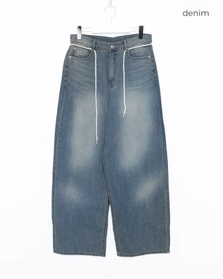 Strap Belt Washed Wide Denim Pants