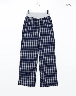 Waist two-tone check seersucker wide pants
