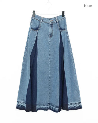 Slit two-tone denim long skirt