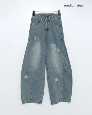 Washed distressed wide-leg denim pants