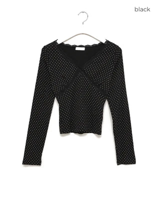 V-neck lace polka dot T-shirt