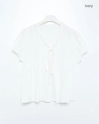 Striped front-open puff blouse