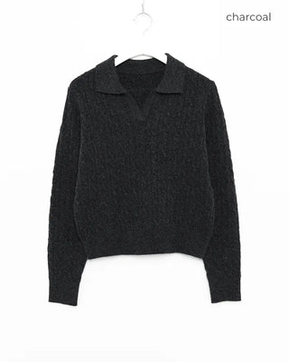 Open-collar cable knit sweater