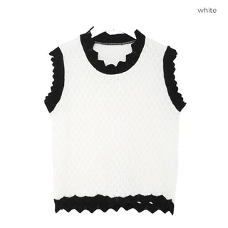 Two-tone perforated knit top