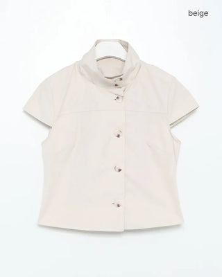 Cap-sleeve button-up high-neck blouse