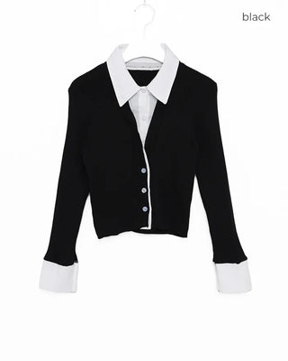 Shirt-layered long-sleeved cardigan