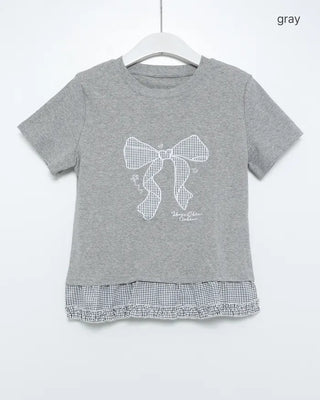 Checked ribbon frill short-sleeved T-shirt