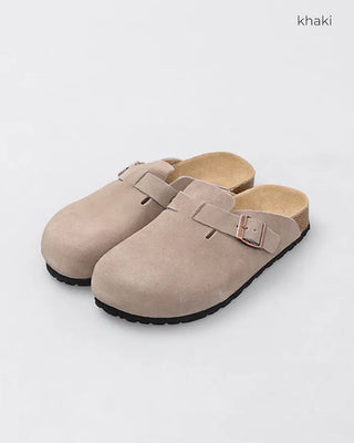 Belted suede clog sandals