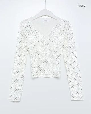 Dot Lace Point V-Neck Long Sleeve T-Shirt