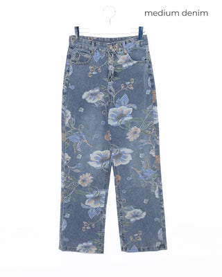 Flower pattern denim pants