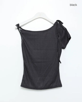 Boat neck polka dot ribbon blouse