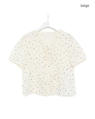 V-neck polka dot pattern ruffle blouse