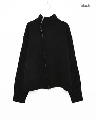 Asymmetrical pleated knit zip-up