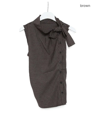 Checkered high-neck sleeveless blouse with bow tie