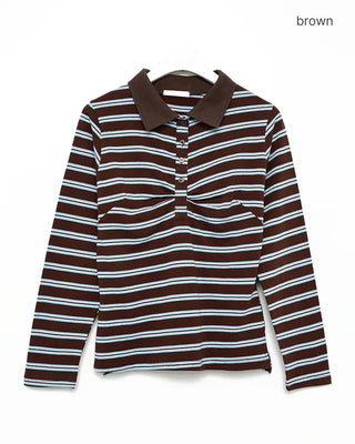 Triple Border Polo Neck Gathered Long T-Shirt