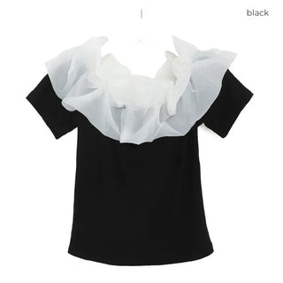 Chiffon frill off-shoulder T-shirt