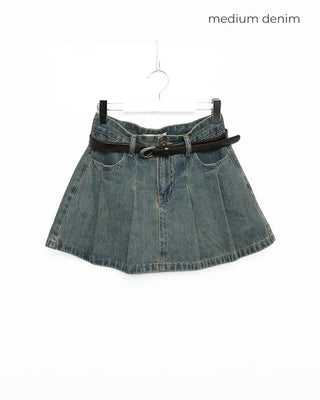 (Belt set) Denim pleated mini skirt