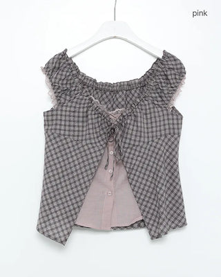 Checked layered off-shoulder blouse