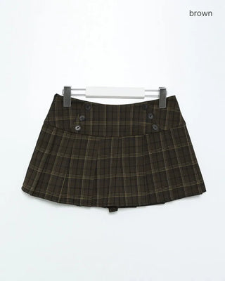 Checkered button pleated mini skirt