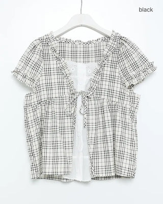 Front Ribbon Check Puff Sleeve Top