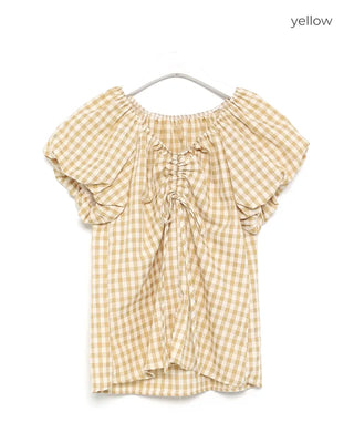 Checked Shirred V-Neck Blouse