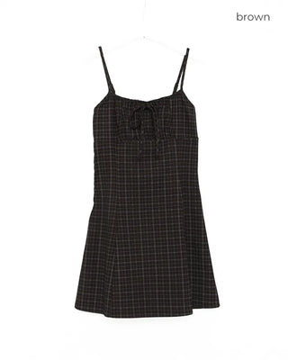 Shirred check sleeveless mini dress