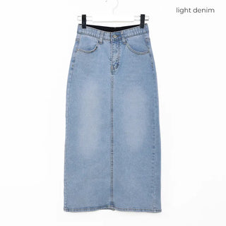 Back-slit denim long skirt