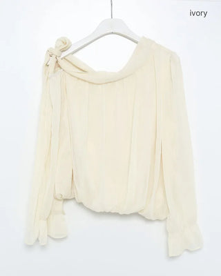 Chiffon Shirring Asymmetrical Ribbon Blouse