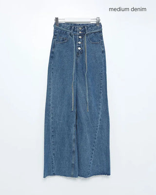 High-waisted denim pants with button strings