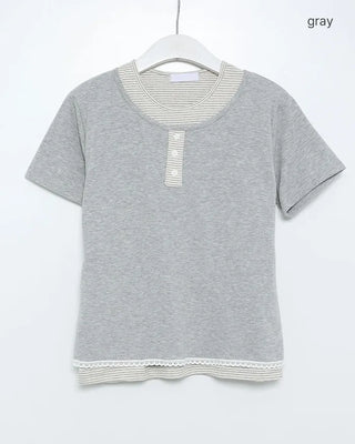 Striped layered Henley neck half T-shirt