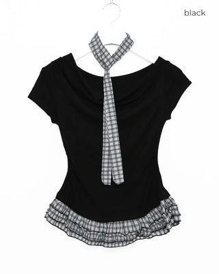 Checked frill shirred half-sleeve T-shirt