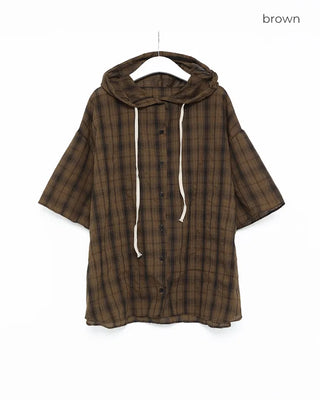 (Unisex) Check Hooded Short-Sleeve Shirt