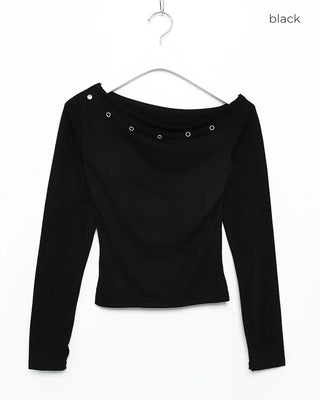 Eyelet Off-Shoulder Long Sleeve T-Shirt