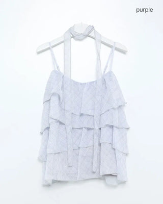 Cancan check tie set sleeveless blouse