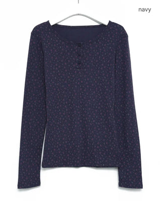 Flower Henley Neck Pointelle Long T-Shirt