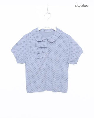 Round Collar Gathered Polo Neck Dot Puff T-Shirt