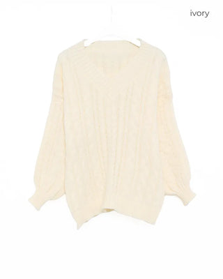 V-neck Cable Balloon Sleeve Long Knit
