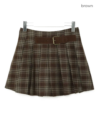 Square belt check pleated mini skirt