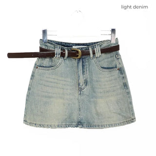 Belted denim mini skirt