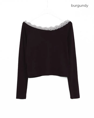 Scalloped Lace Off-Shoulder Neck Long T-Shirt