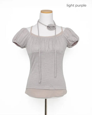 Rose Tie Set Puff Sleeve Gathered Rib Top
