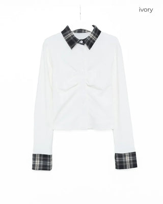 Checked two-tone gathered neck shirt