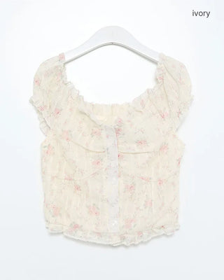 Frill puff sleeve short-sleeved blouse
