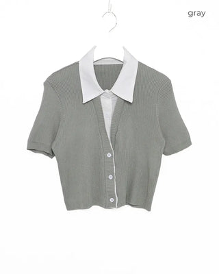 Shirt-style short-sleeved cardigan