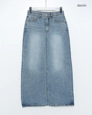 H-line elastic waist long denim skirt
