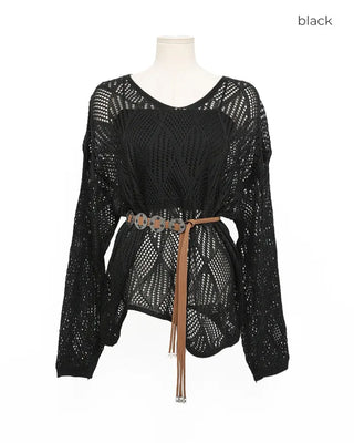 Sleeveless perforated knit set with belt