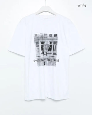 Women's monochrome photo lettering half-length T-shirt