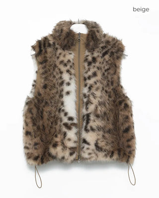 Leopard Fur High Neck Reversible Double Zip Vest